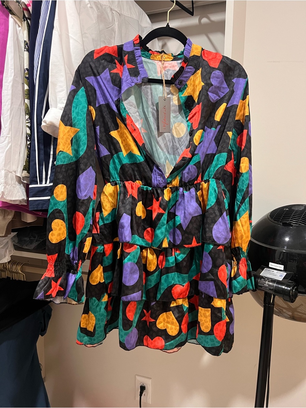 Colorful Geometric Print Peplum Blouse - Black Multicolor